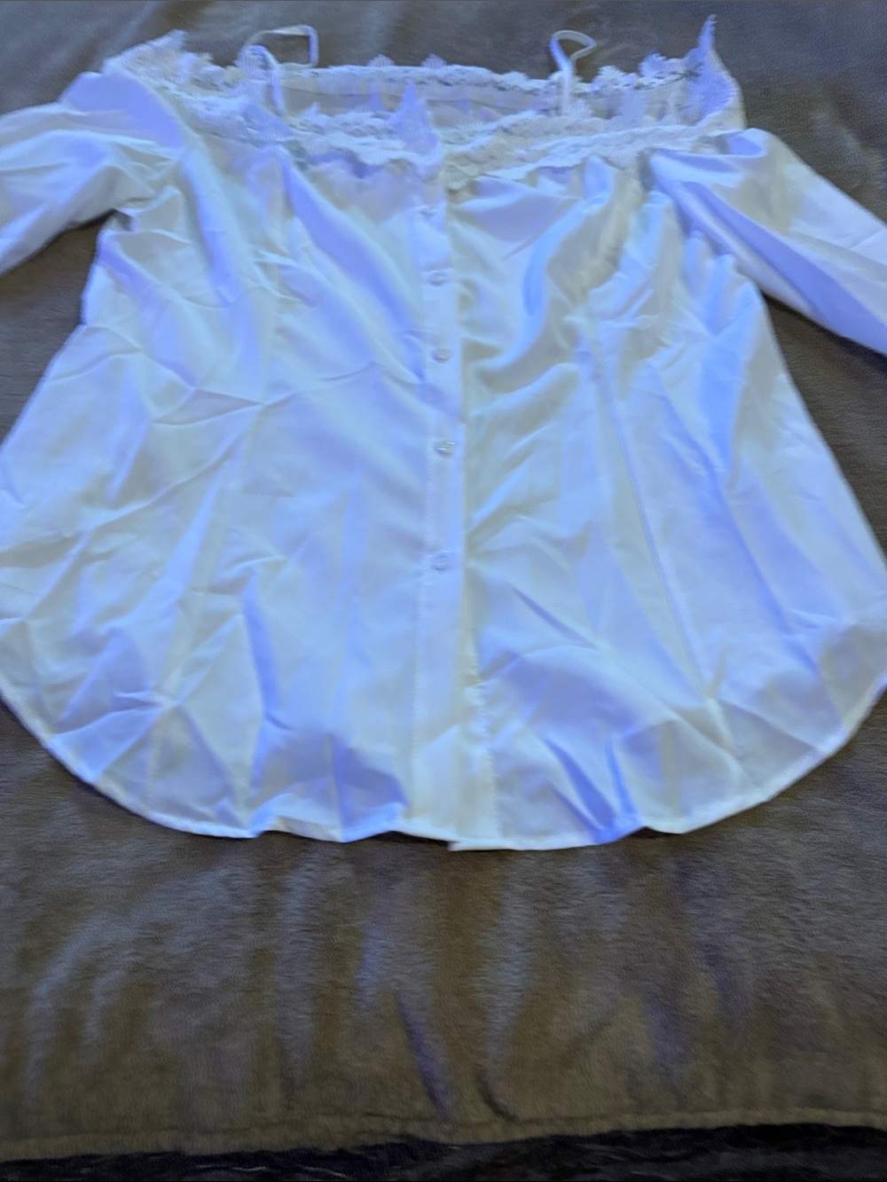 Off-Shoulder White Lace Trim Button-Front Women's Top